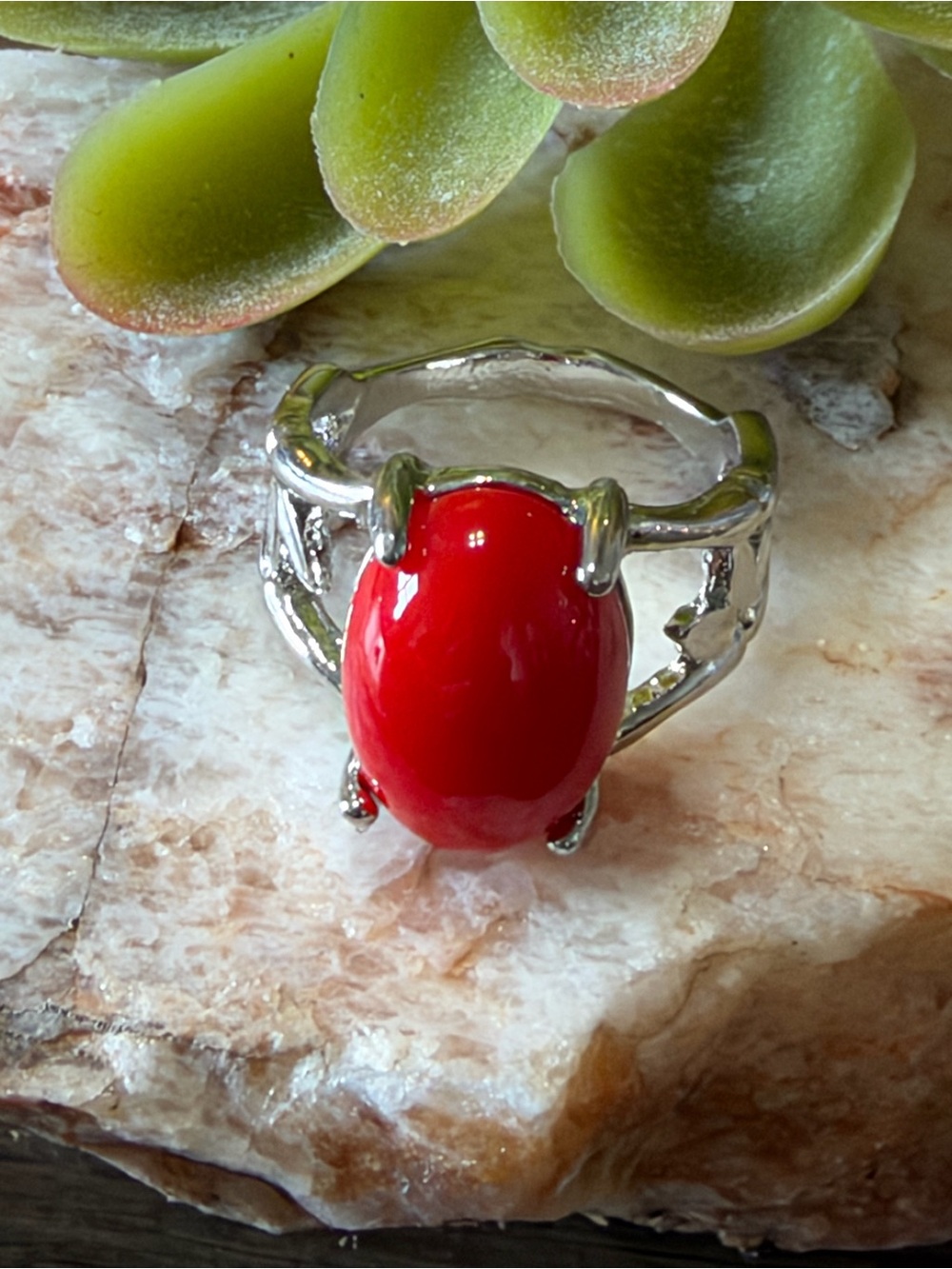 Red Oval Stone Silver Ring - Women Jewelry size 5